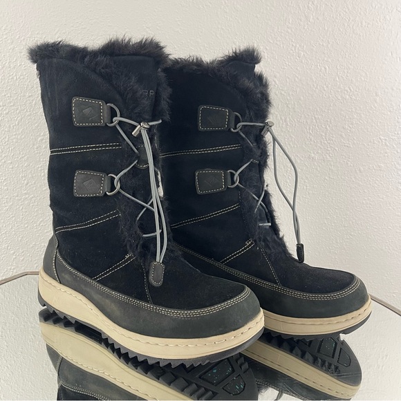 SPERRY Black Suede Faux Fur Powder Valley Vibram Sole Mid Calf Waterproof Boots - Picture 3 of 14